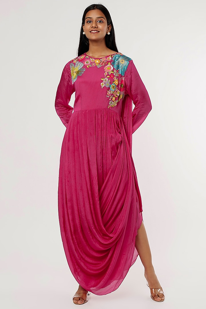 Fuchsia Hand Embroidered Drape Dress by Half Full Curve
