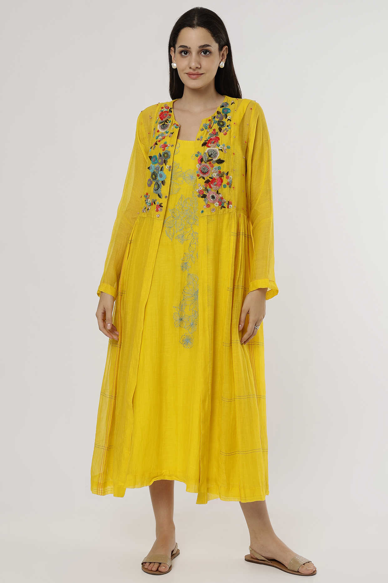 Yellow Hand Embroidered Jacket Set by Half Full Curve