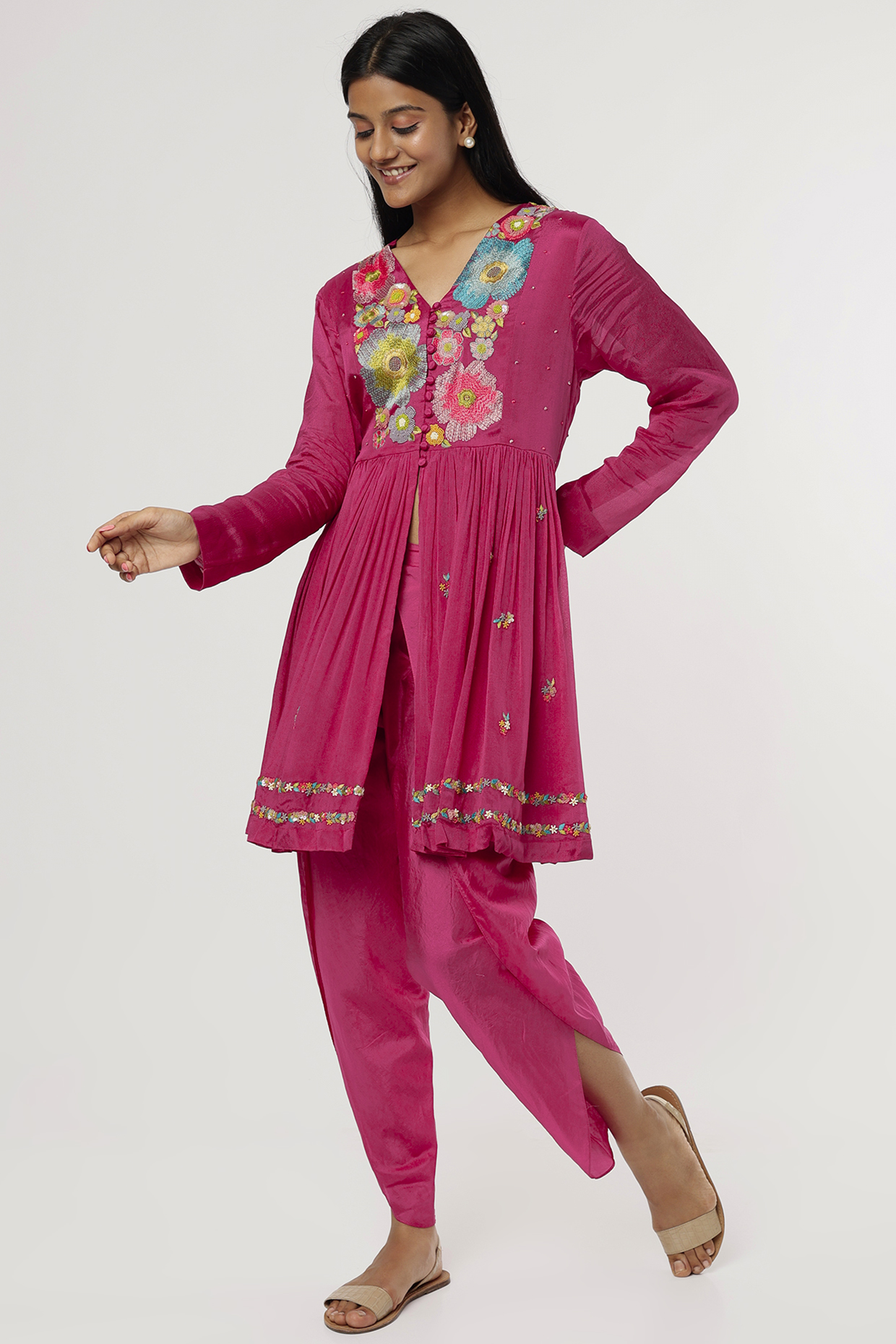Fuchsia Hand Embroidered Kurta Set by Half Full Curve at Pernia's Pop Up Shop