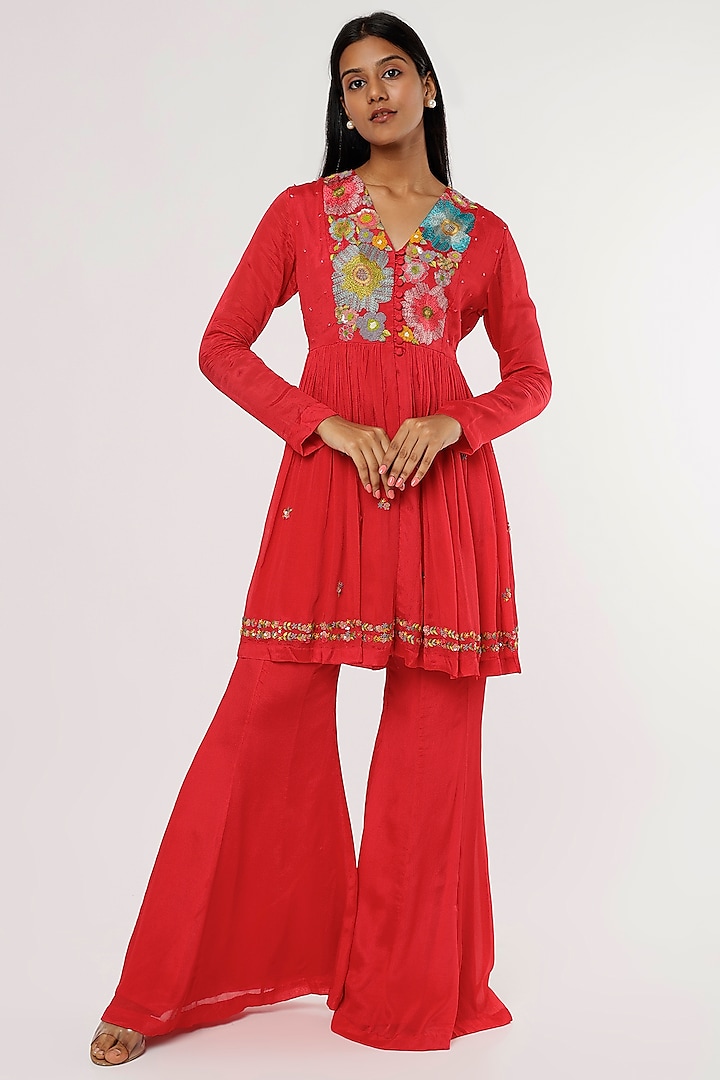 Red Hand Embroidered Kurta Set by Half Full Curve