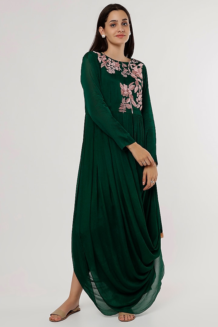 Emerald Green Hand Embroidered Drape Dress by Half Full Curve