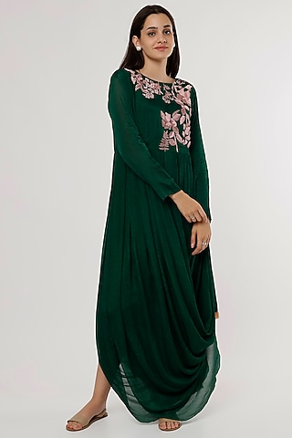 Emerald Green Hand Embroidered Drape Dress by Half Full Curve