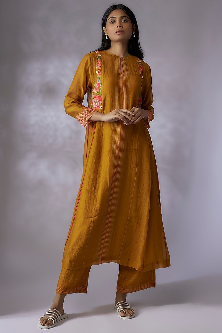 Mustard Fine Chanderi Embroidered Kurta Set by Half Full Curve at Pernia's Pop Up Shop