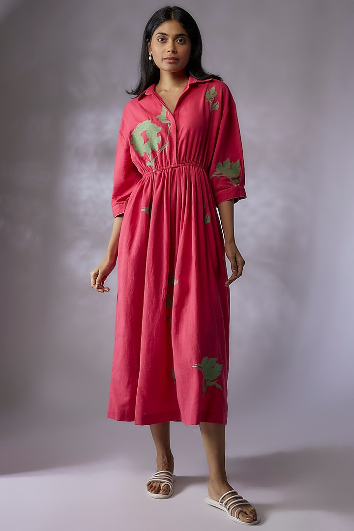 Pink Cotton Linen Embroidered Shirt Dress by Half Full Curve