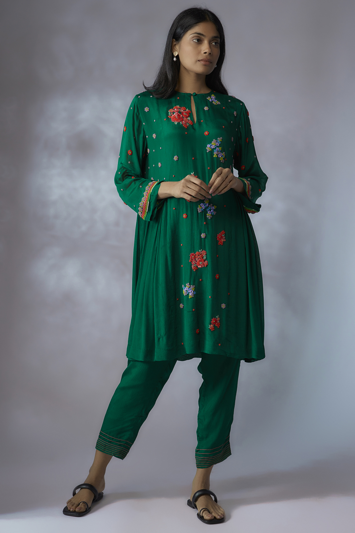 Green Crepe Chiffon Hand Embroidered Kurta Set by Half Full Curve at Pernia's Pop Up Shop