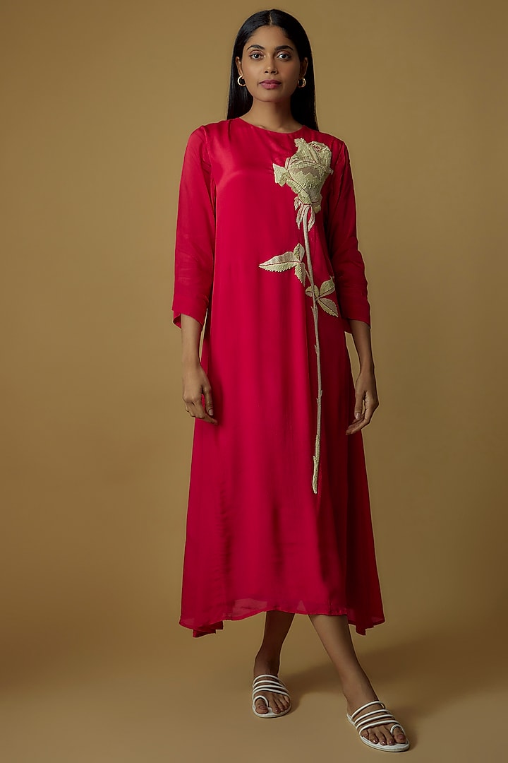 Red Crepe Chiffon Floral Hand Embroidered Dress by Half Full Curve