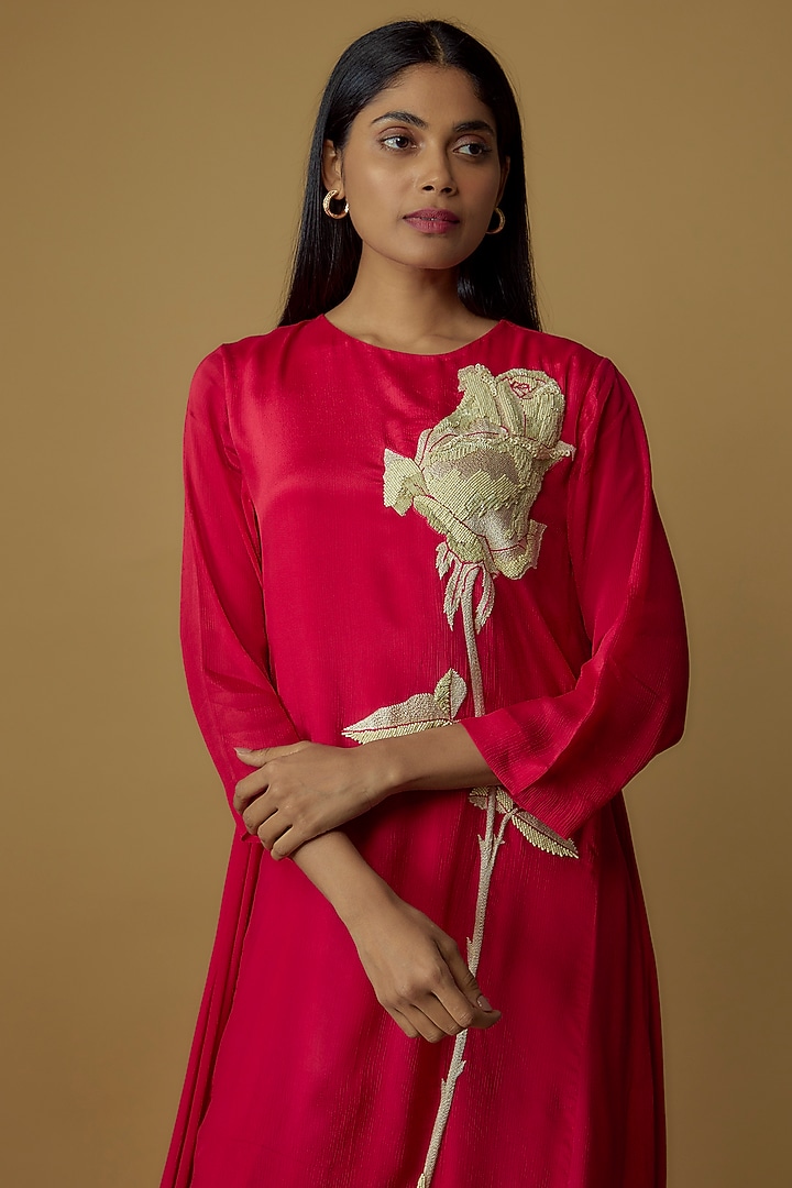 Red Crepe Chiffon Floral Hand Embroidered Vacation Dress by Half Full Curve at Pernia's Pop Up Shop