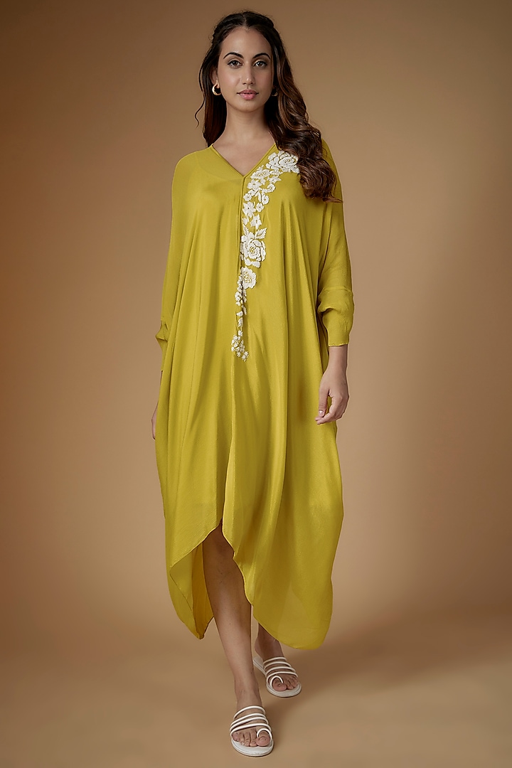 Green Crepe Chiffon Hand Embroidered Draped Kaftan by Half Full Curve at Pernia's Pop Up Shop