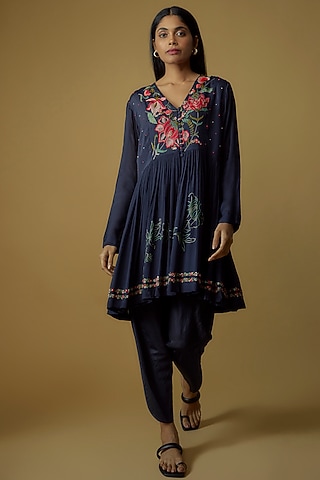 Blue Crepe Chiffon Hand Embroidered Peplum Kurta Set by Half Full Curve