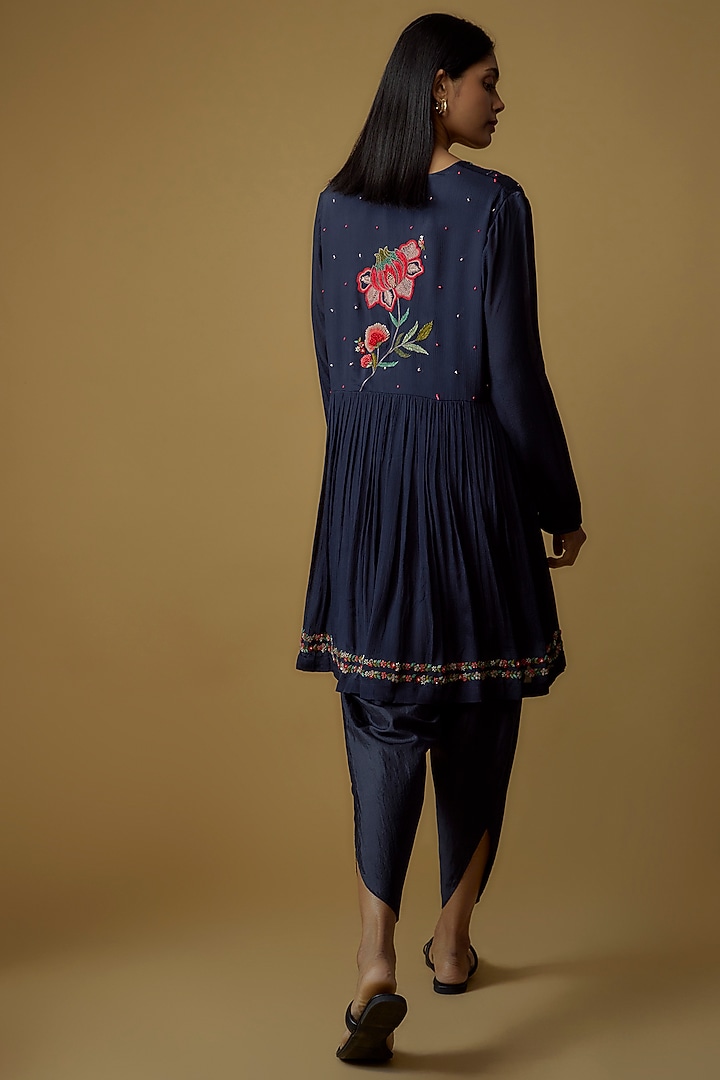 Blue Crepe Chiffon Hand Embroidered Peplum Kurta Set by Half Full Curve at Pernia's Pop Up Shop