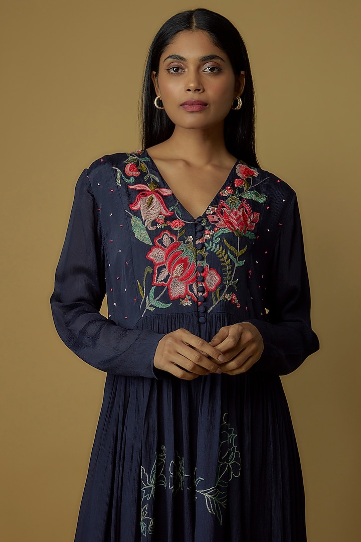Blue Crepe Chiffon Hand Embroidered Peplum Kurta Set by Half Full Curve at Pernia's Pop Up Shop
