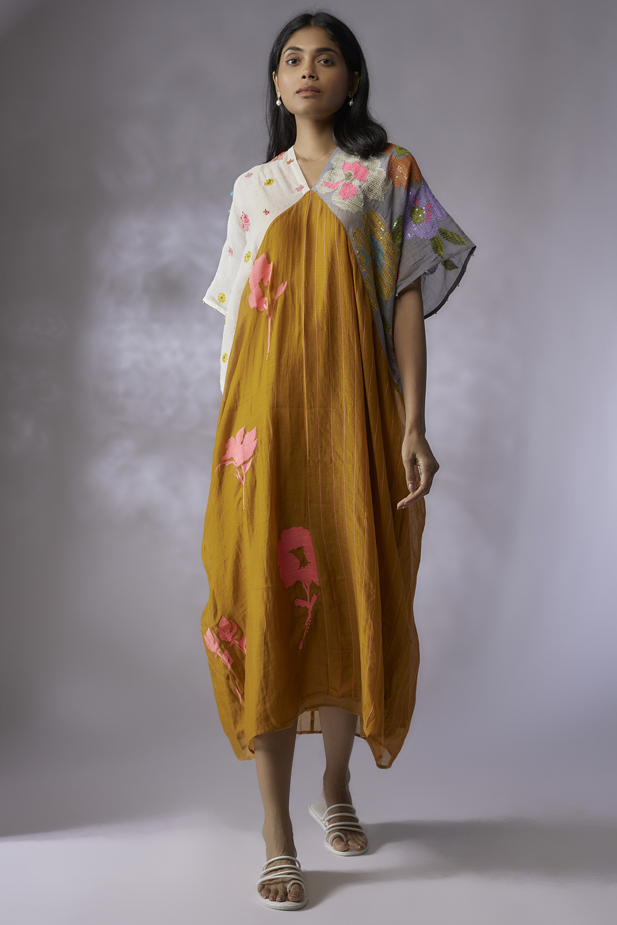Multi-Colored Fine Chanderi Embroidered Kaftan by Half Full Curve at Pernia's Pop Up Shop
