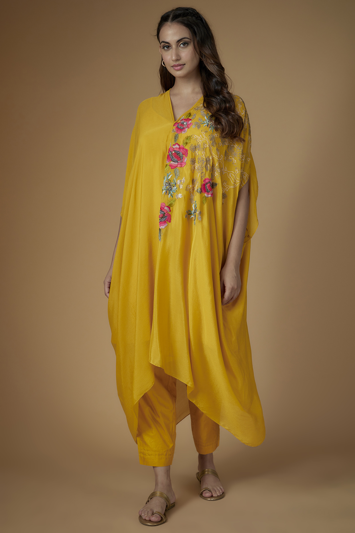Yellow Crepe Chiffon Hand Embroidered Kaftan Set by Half Full Curve at Pernia's Pop Up Shop
