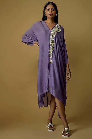 Purple Crepe Chiffon Hand Embroidered Kaftan Dress by Half Full Curve