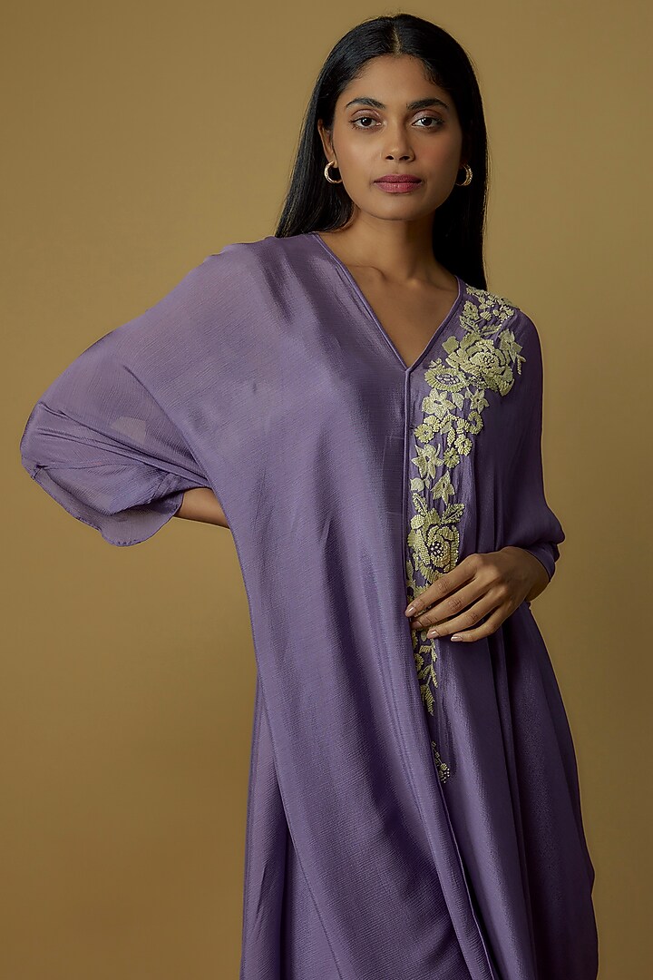 Purple Crepe Chiffon Hand Embroidered Kaftan Vacation Dress by Half Full Curve at Pernia's Pop Up Shop