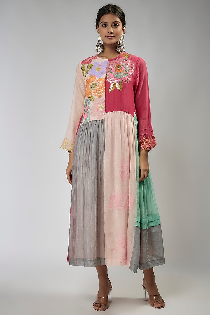 Multi-Colored Fine Chanderi Hand Embroidered Kaftan Dress by Half Full Curve at Pernia's Pop Up Shop