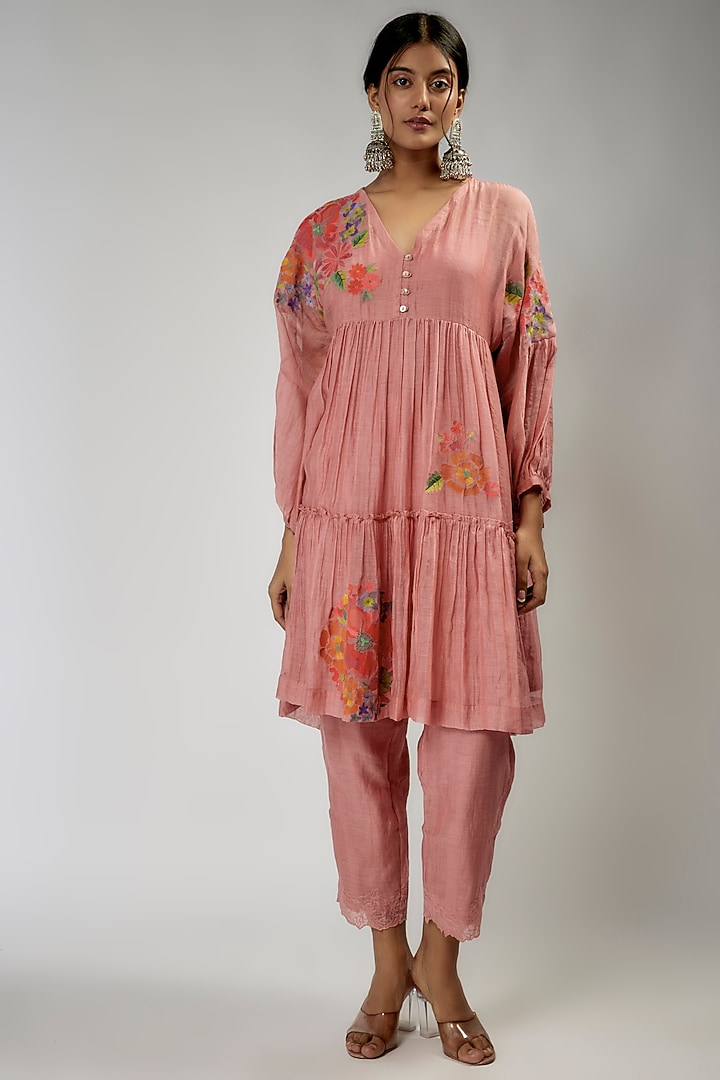 Pink Fine Chanderi Hand Embroidered Tiered Kurta Set by Half Full Curve at Pernia's Pop Up Shop