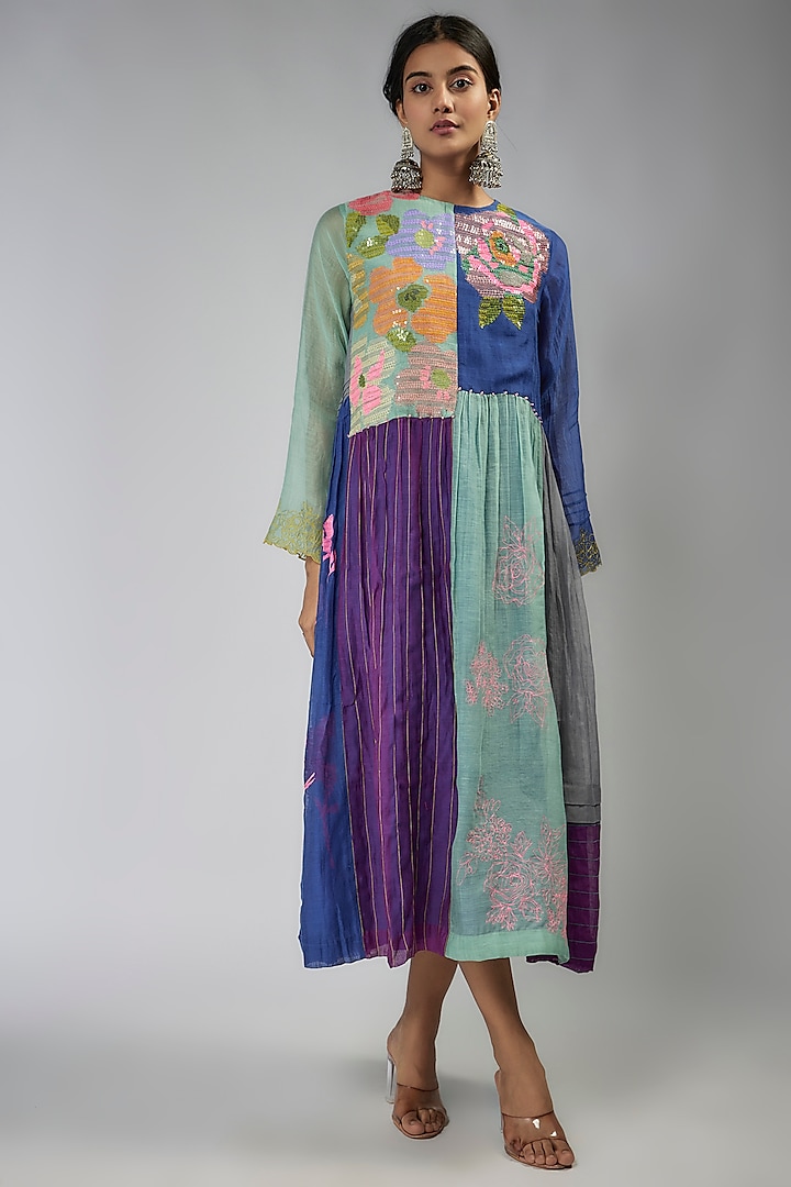 Multi-Colored Fine Chanderi Hand Embroidered Kaftan Dress by Half Full Curve at Pernia's Pop Up Shop