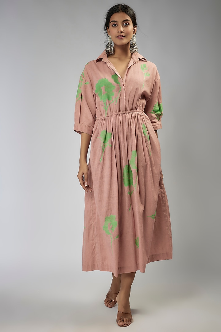 Pink Cotton Embroidered Shirt Dress by Half Full Curve