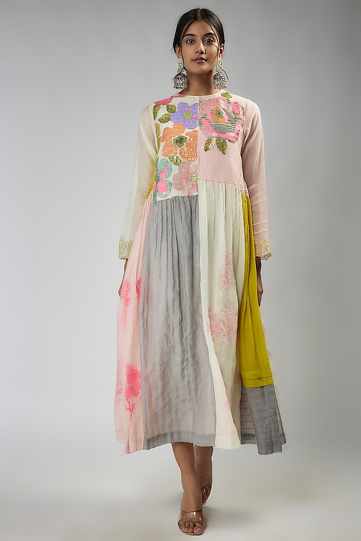 Multi-Colored Fine Chanderi Hand Embroidered Kaftan Dress by Half Full Curve at Pernia's Pop Up Shop