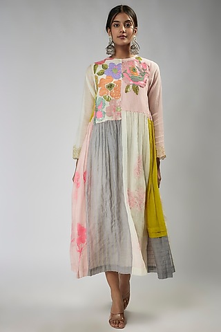 Multi-Colored Fine Chanderi Hand Embroidered Kaftan Dress by Half Full Curve