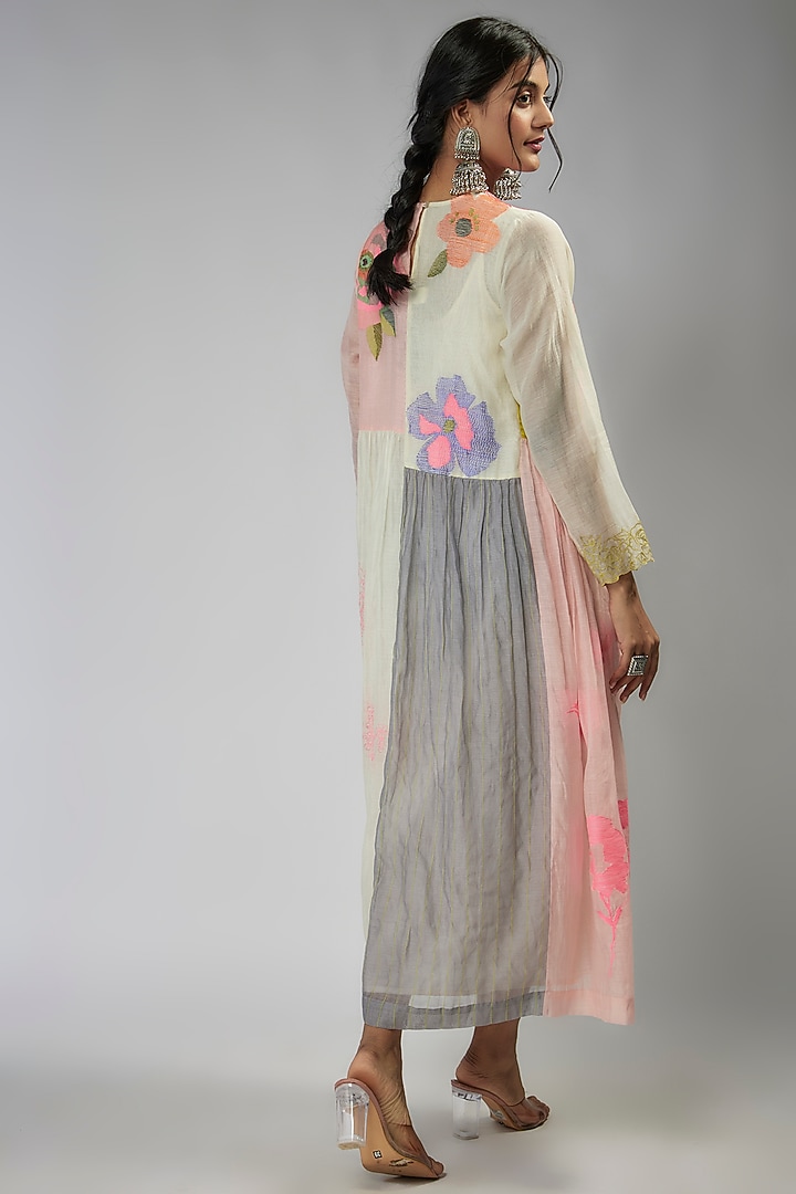 Multi-Colored Fine Chanderi Hand Embroidered Kaftan Vacation Dress by Half Full Curve at Pernia's Pop Up Shop