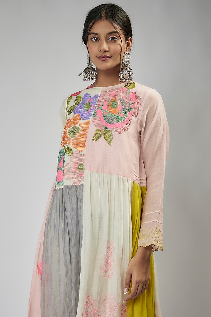Multi-Colored Fine Chanderi Hand Embroidered Kaftan Vacation Dress by Half Full Curve at Pernia's Pop Up Shop