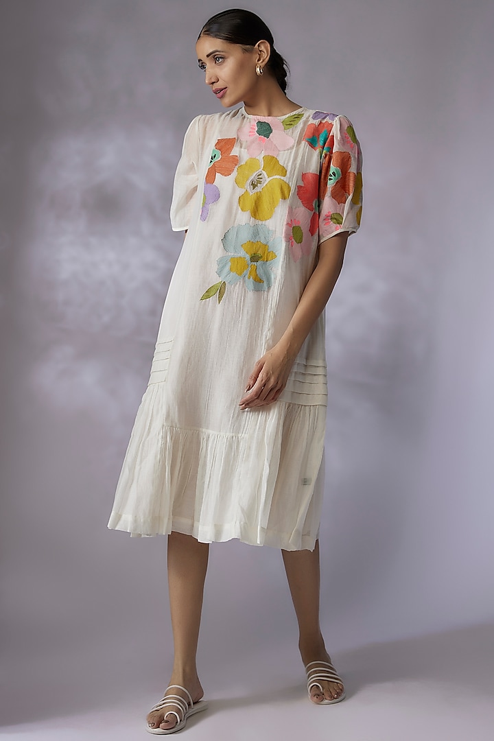 Ivory Fine Chanderi Embroidered Vacation Dress by Half Full Curve at Pernia's Pop Up Shop