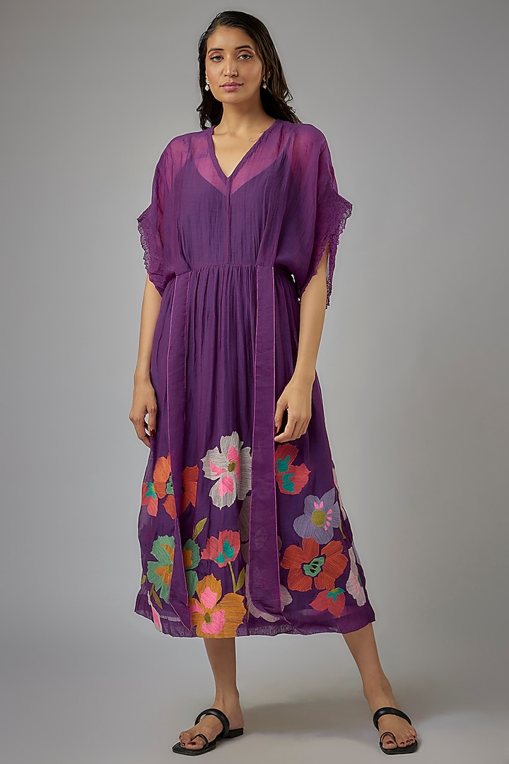 Purple Fine Chanderi Hand & Machine Embroidered Dress by Half Full Curve