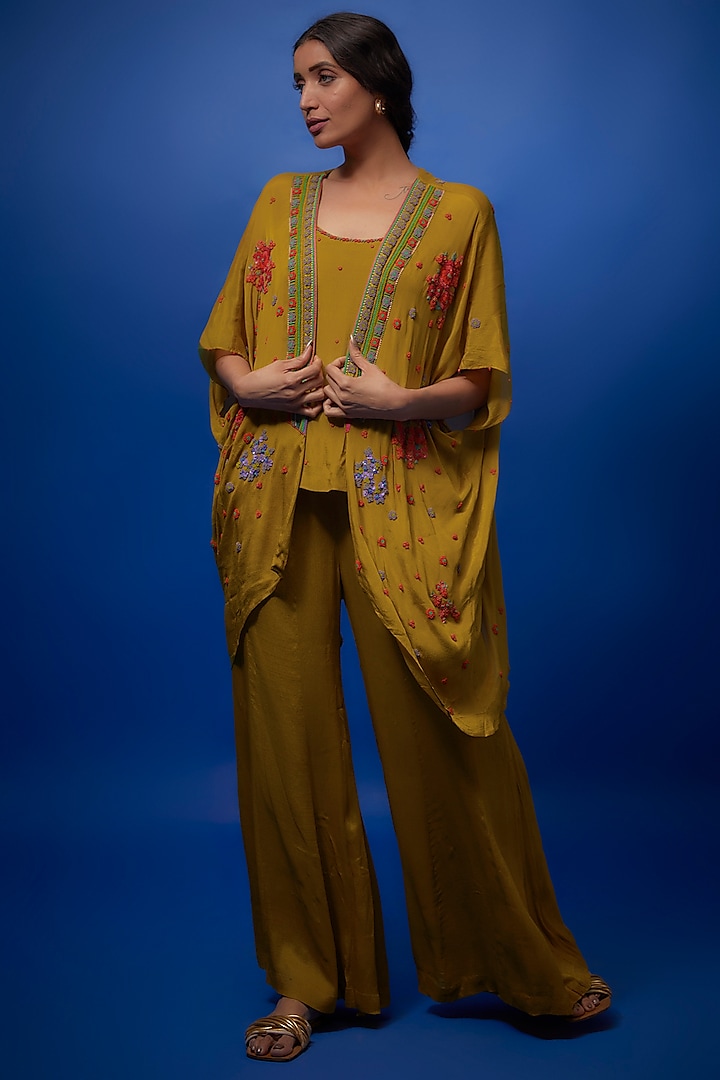 Mustard Crepe Chiffon Hand Embroidered Cape Set by Half Full Curve at Pernia's Pop Up Shop