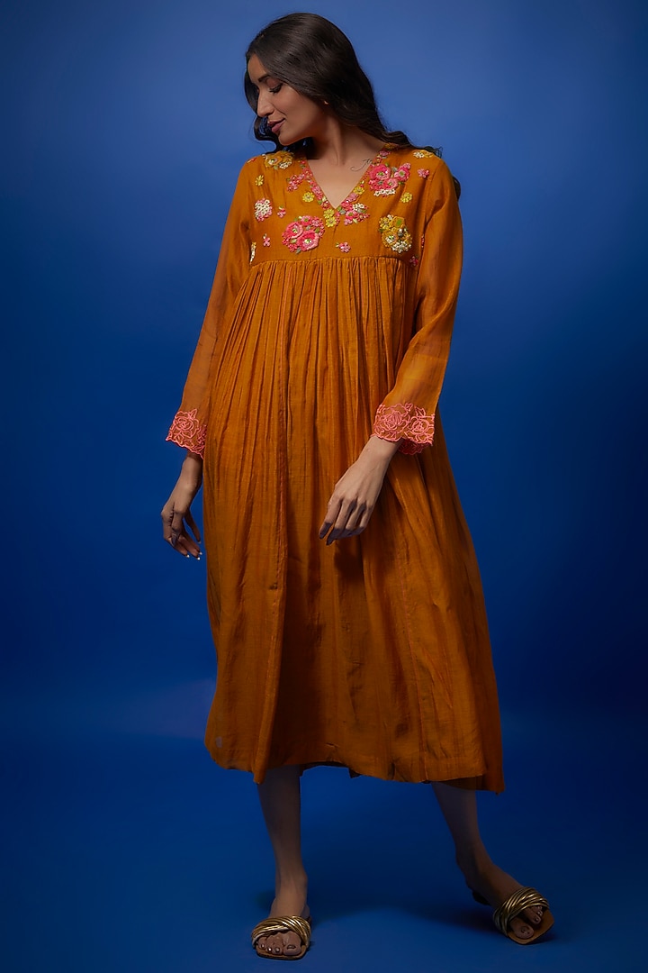 Yellow Fine Chanderi Hand Embroidered Vacation Dress by Half Full Curve at Pernia's Pop Up Shop