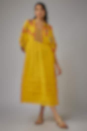 Yellow Fine Chanderi Hand Embroidered Kaftan Dress by Half Full Curve