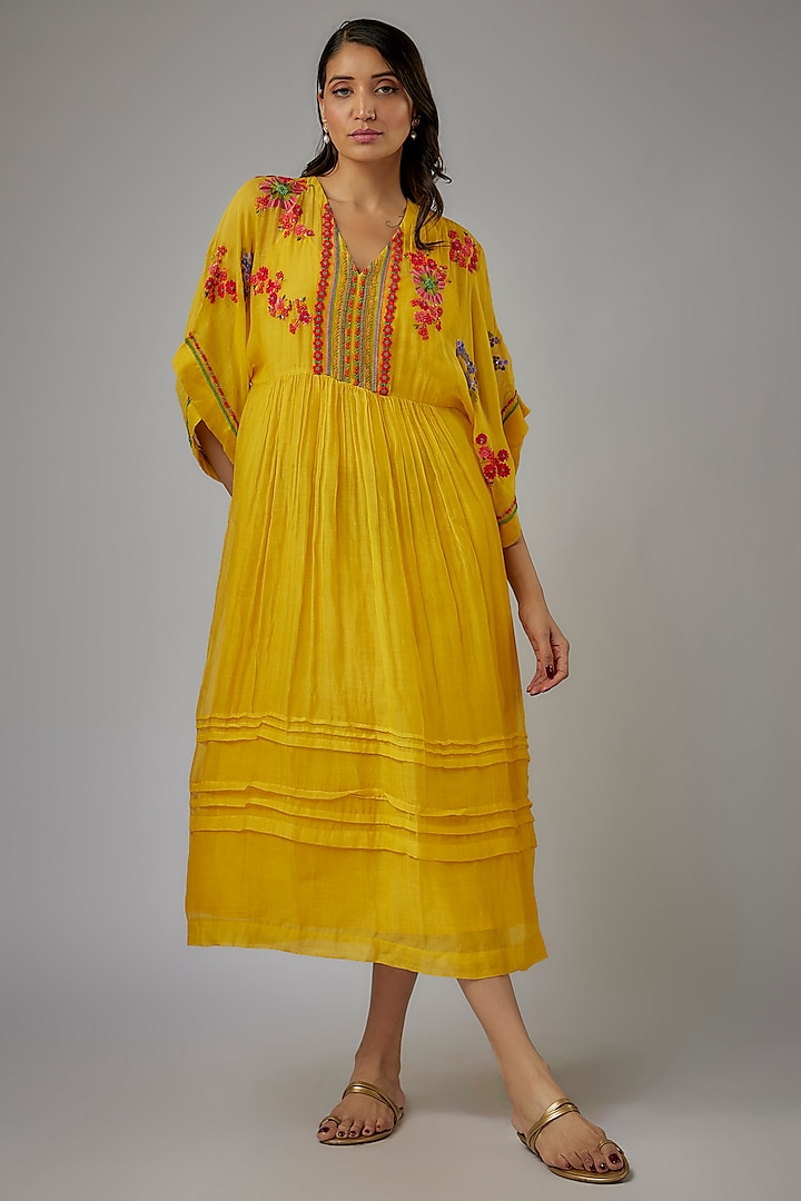 Yellow Fine Chanderi Hand Embroidered Kaftan Dress by Half Full Curve