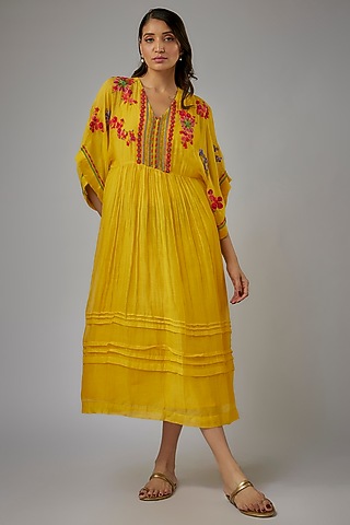 Yellow Fine Chanderi Hand Embroidered Kaftan Dress by Half Full Curve