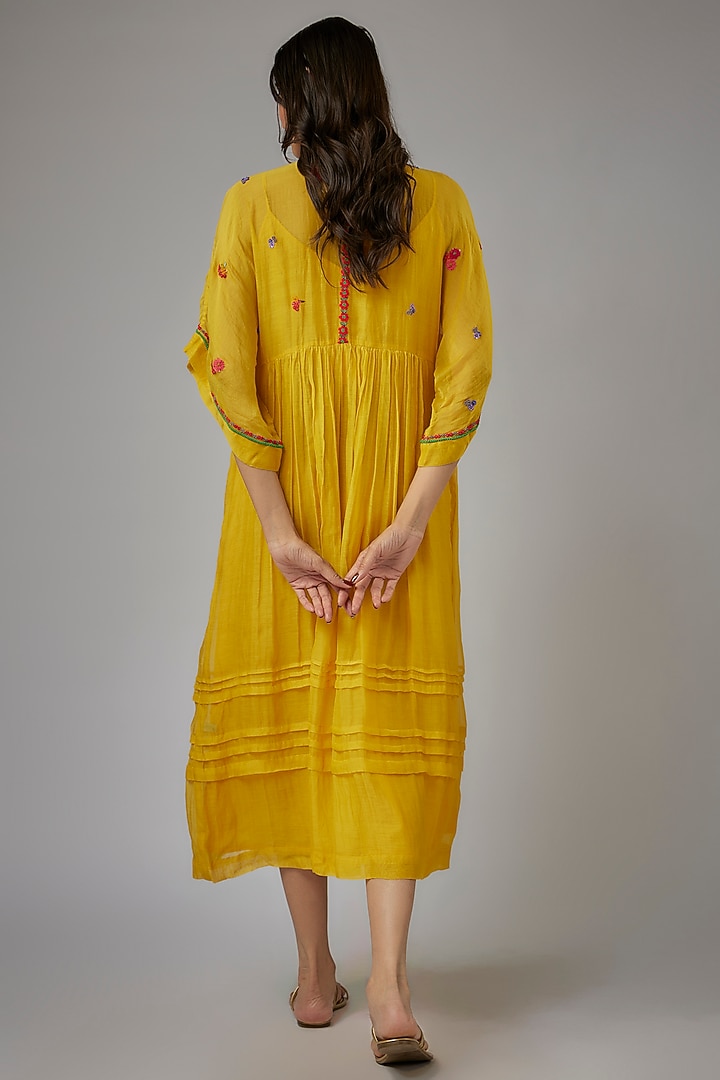 Yellow Fine Chanderi Hand Embroidered Kaftan Vacation Dress by Half Full Curve at Pernia's Pop Up Shop