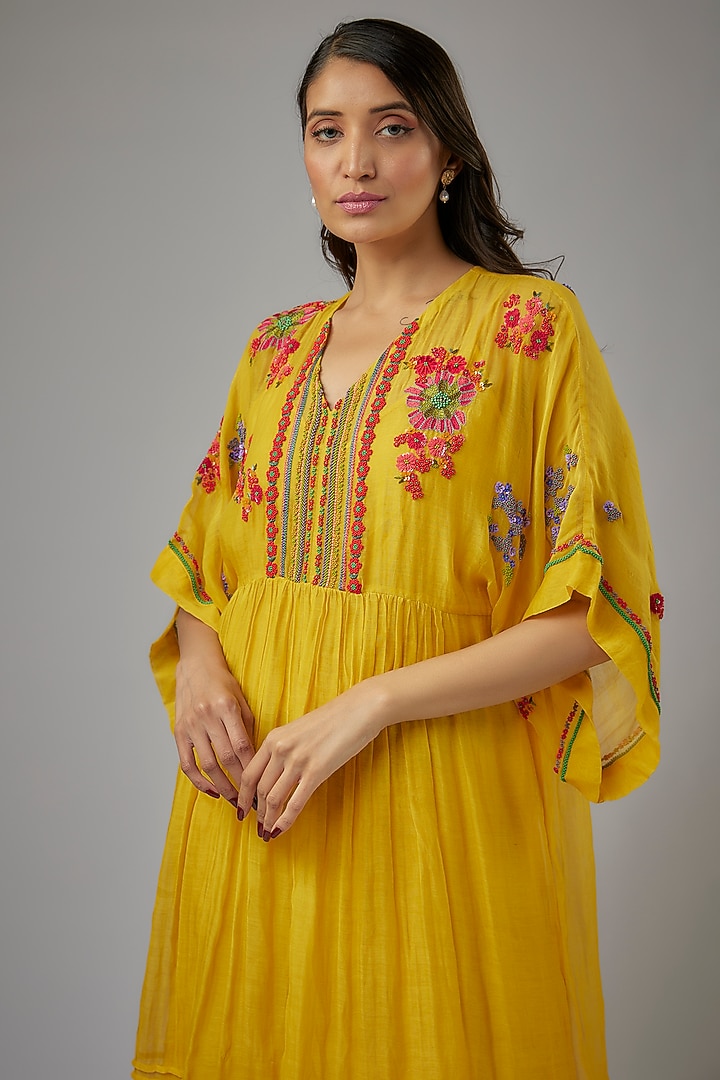 Yellow Fine Chanderi Hand Embroidered Kaftan Vacation Dress by Half Full Curve at Pernia's Pop Up Shop