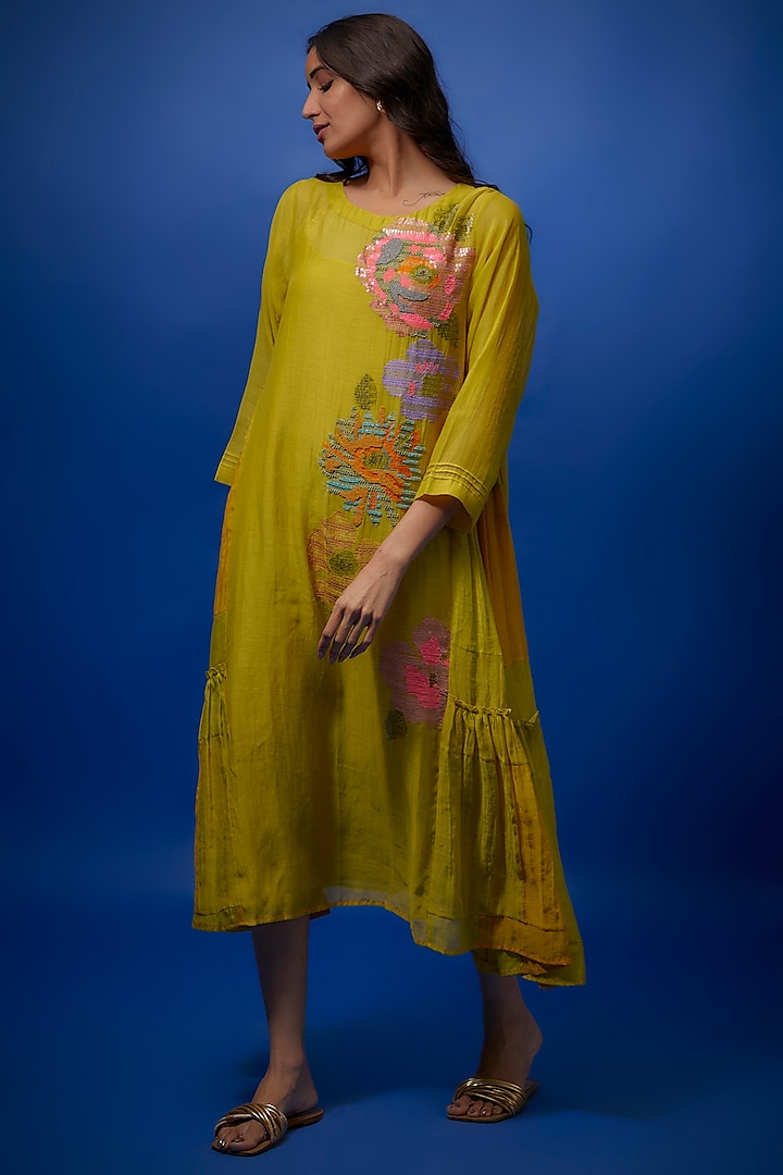 Green Fine Chanderi Embroidered Dress by Half Full Curve