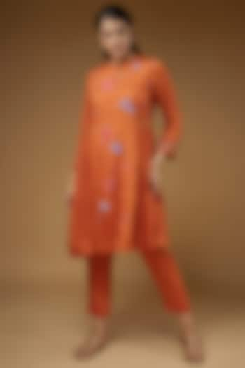 Orange Crepe Chiffon Embroidered Kurta Set by Half Full Curve at Pernia's Pop Up Shop