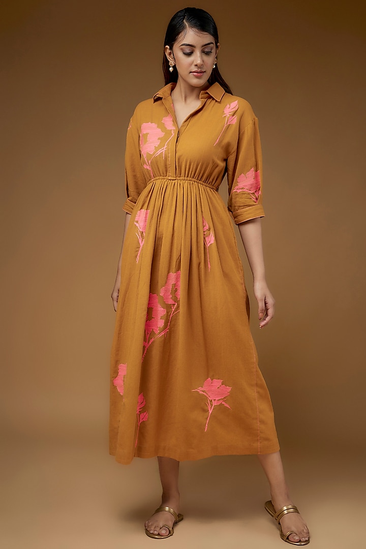Yellow Cotton Linen Embroidered Dress by Half Full Curve