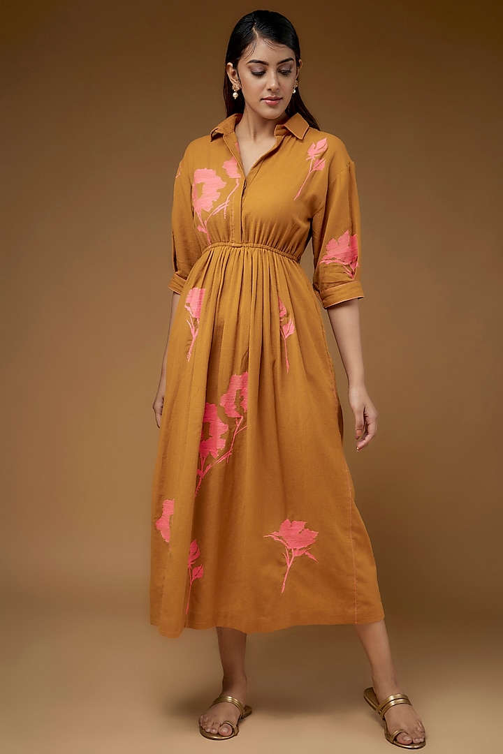 Yellow Cotton Linen Embroidered Dress by Half Full Curve at Pernia's Pop Up Shop