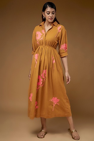 Yellow Cotton Linen Embroidered Dress by Half Full Curve