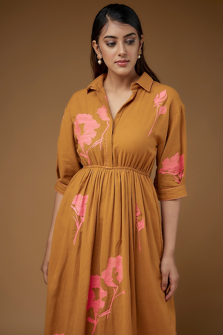 Yellow Cotton Linen Embroidered Vacation Dress by Half Full Curve at Pernia's Pop Up Shop