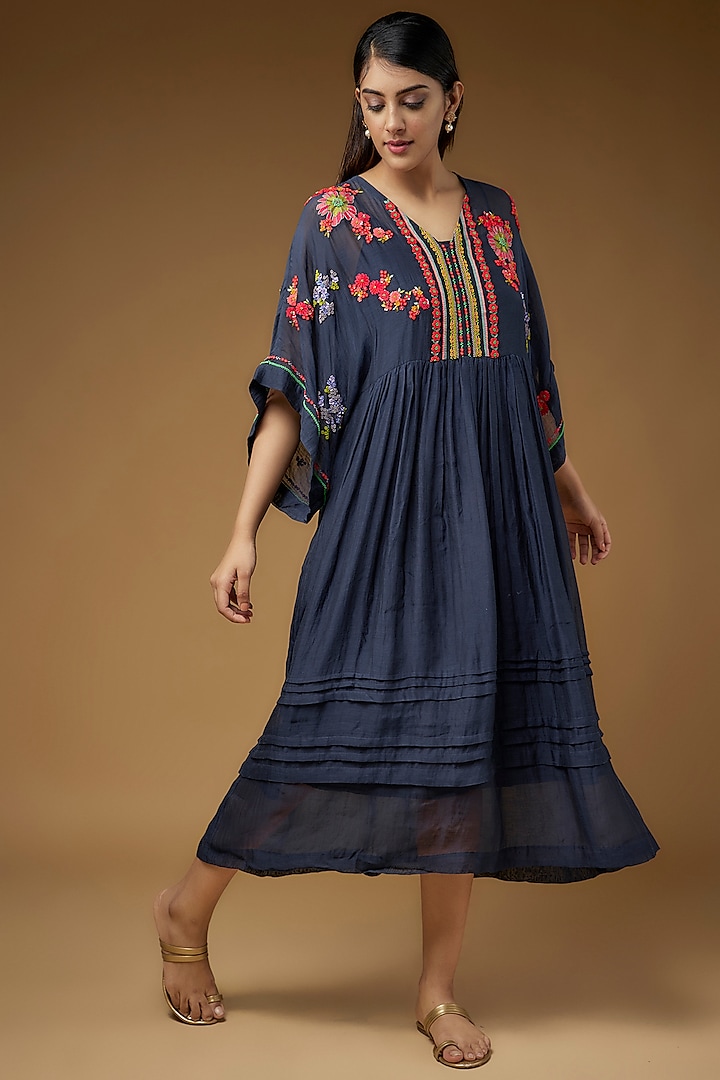Blue Fine Chanderi Embroidered Dress by Half Full Curve