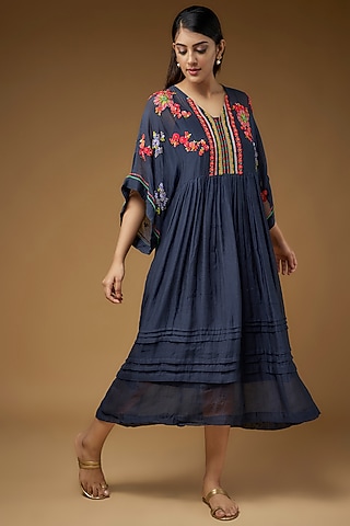 Blue Fine Chanderi Embroidered Dress by Half Full Curve