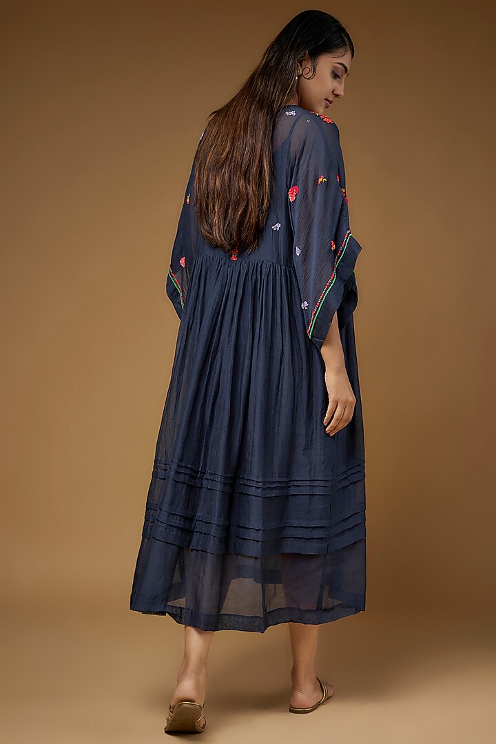 Blue Fine Chanderi Embroidered Vacation Dress by Half Full Curve at Pernia's Pop Up Shop