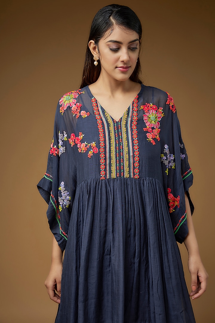 Blue Fine Chanderi Embroidered Vacation Dress by Half Full Curve at Pernia's Pop Up Shop