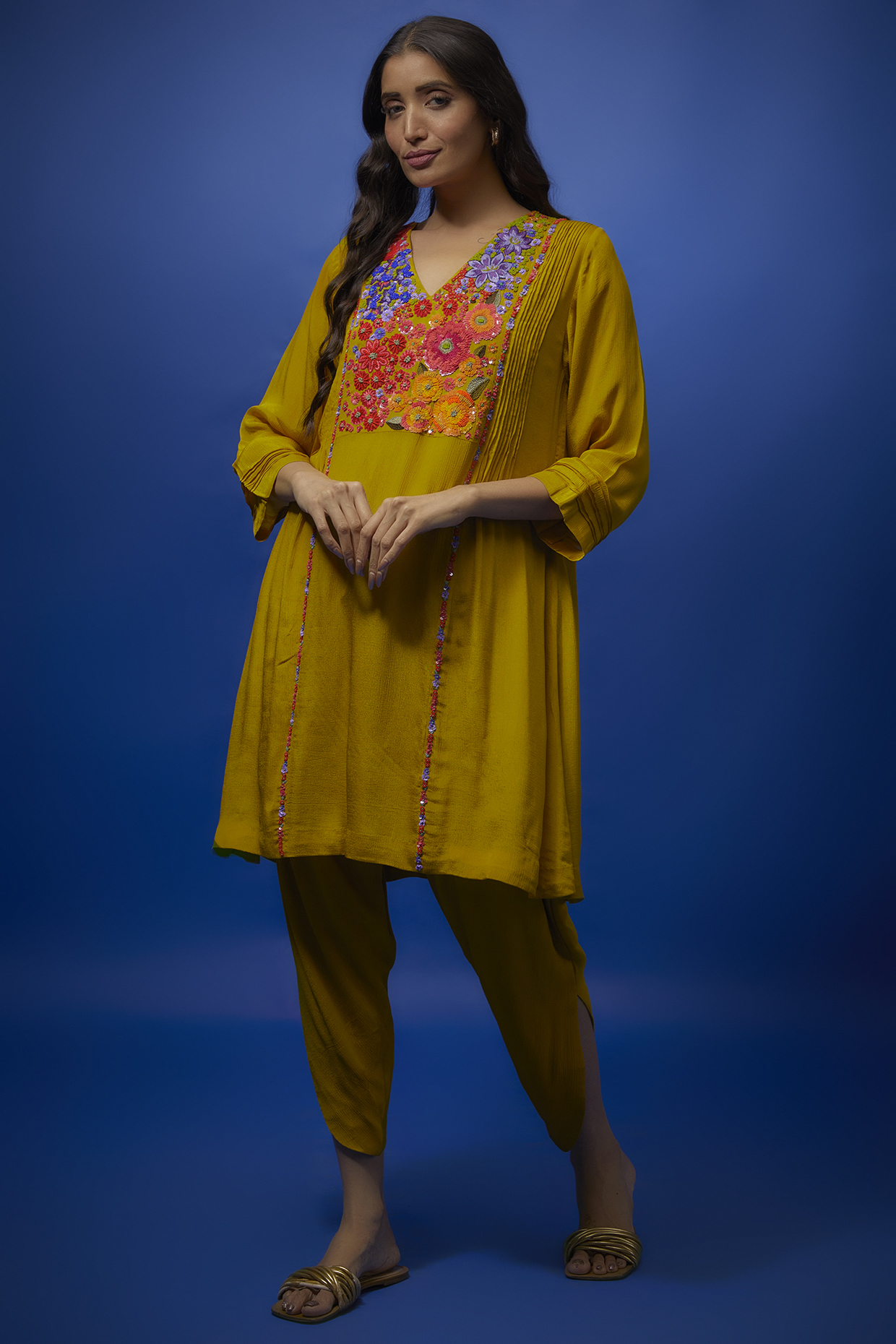 Yellow Crepe Chiffon Hand Embroidered Kurta Set by Half Full Curve at Pernia's Pop Up Shop