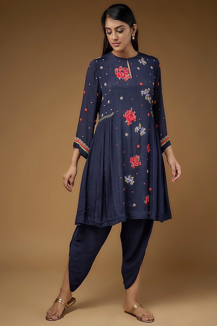 Blue Crepe Chiffon Embroidered Kurta Set by Half Full Curve at Pernia's Pop Up Shop