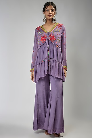 Purple Crepe Chiffon Hand Embroidered Kurta Set by Half Full Curve