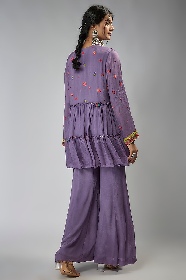 Purple Crepe Chiffon Hand Embroidered Kurta Set by Half Full Curve at Pernia's Pop Up Shop